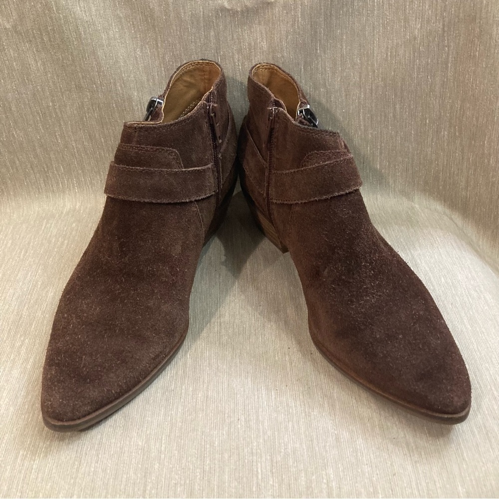 LUCKY BRAND Sz 8 LK-Enitha Faux Suede Buckle Harness Stacked Heels Booties
